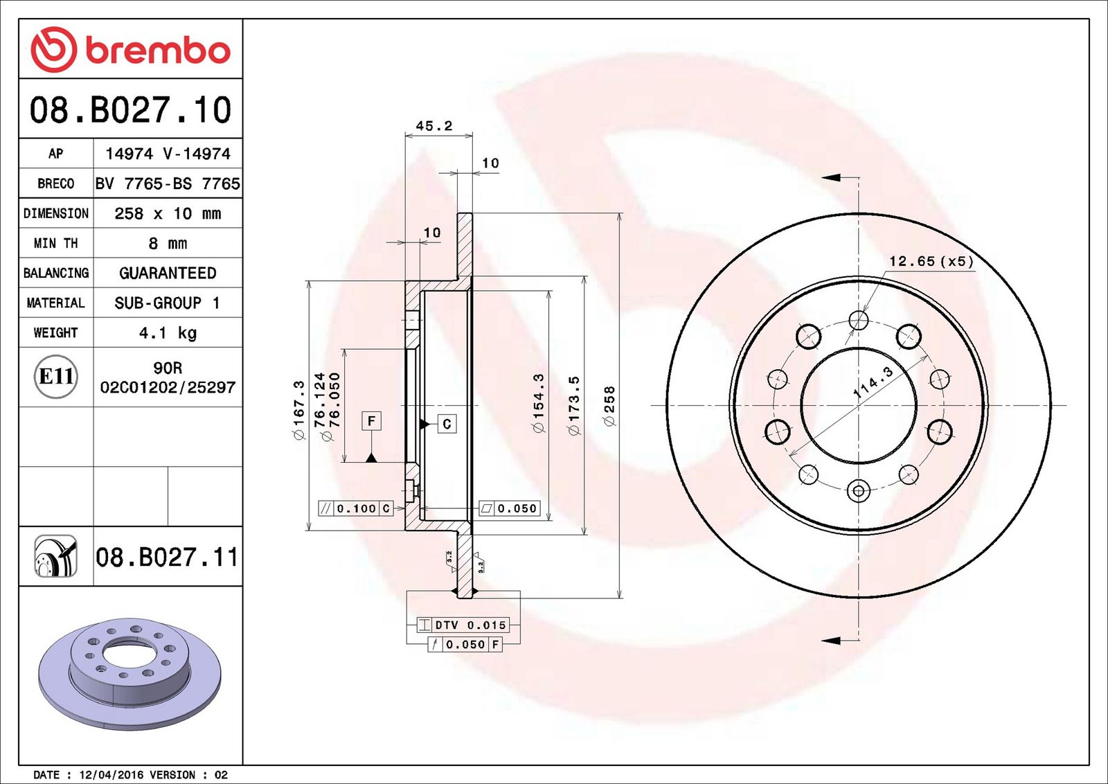 BREMBO 08.B027.11 - Bremsscheibe
