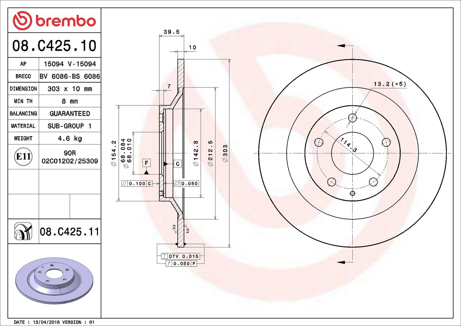BREMBO 08.C425.11 - Bremsscheibe