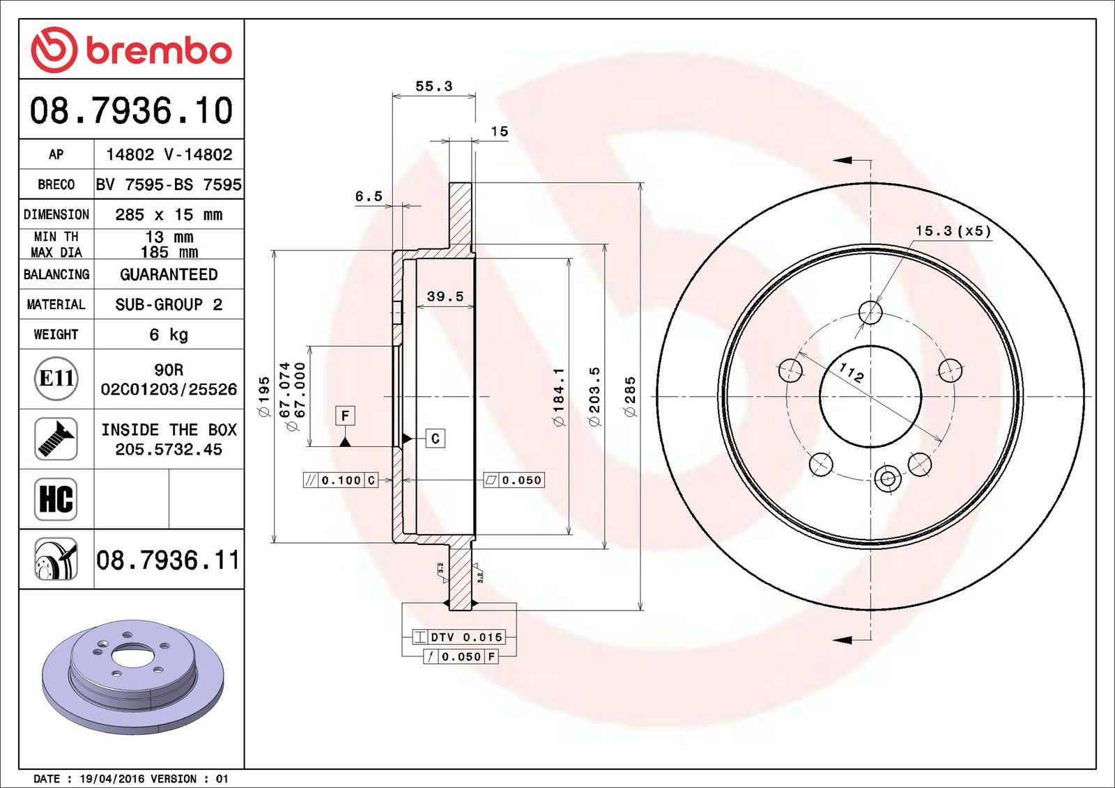 BREMBO 08.7936.11 - Bremsscheibe