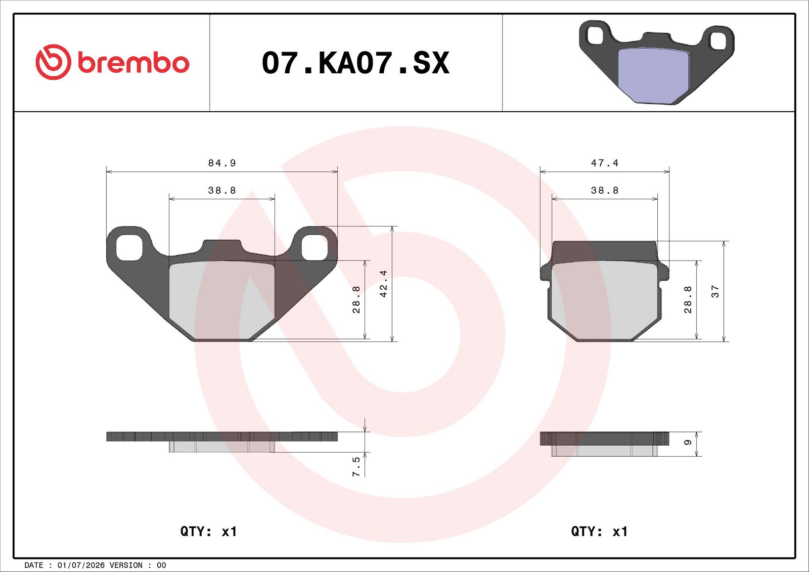 BREMBO 07KA07SX - Bremsbelagsatz, Scheibenbremse