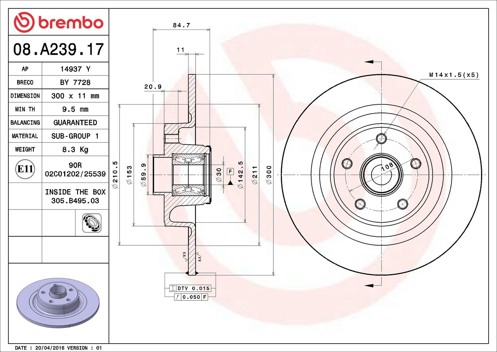 BREMBO 08.A239.17 - Bremsscheibe