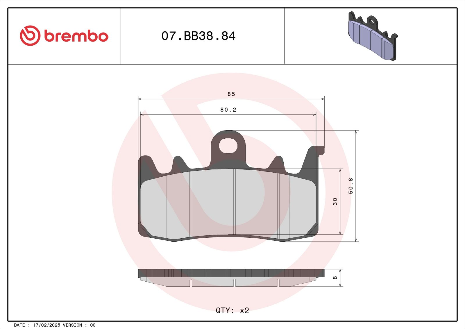 BREMBO 07BB3884 - Bremsbelagsatz, Scheibenbremse