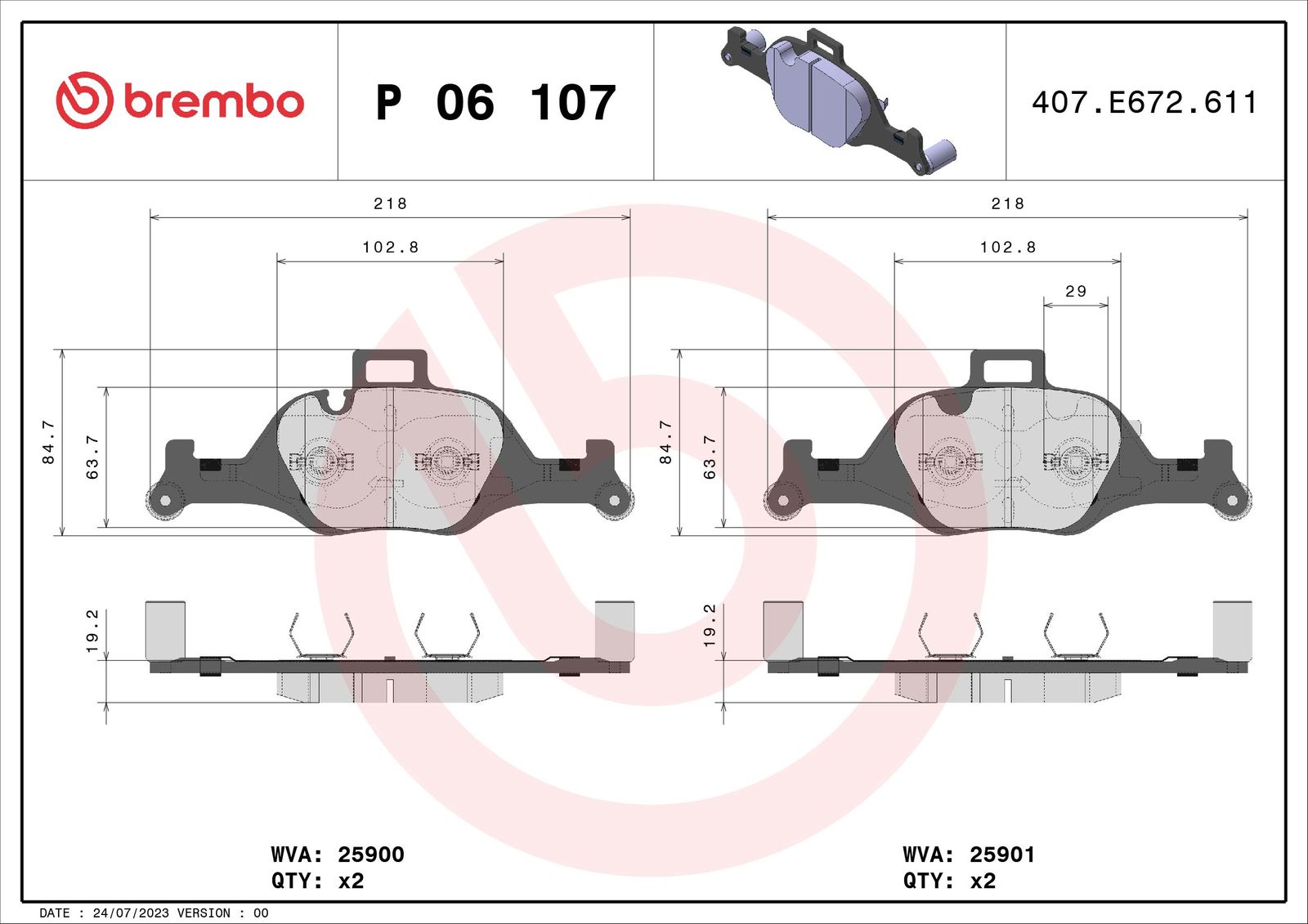 BREMBO P 06 107 - Bremsbelagsatz, Scheibenbremse