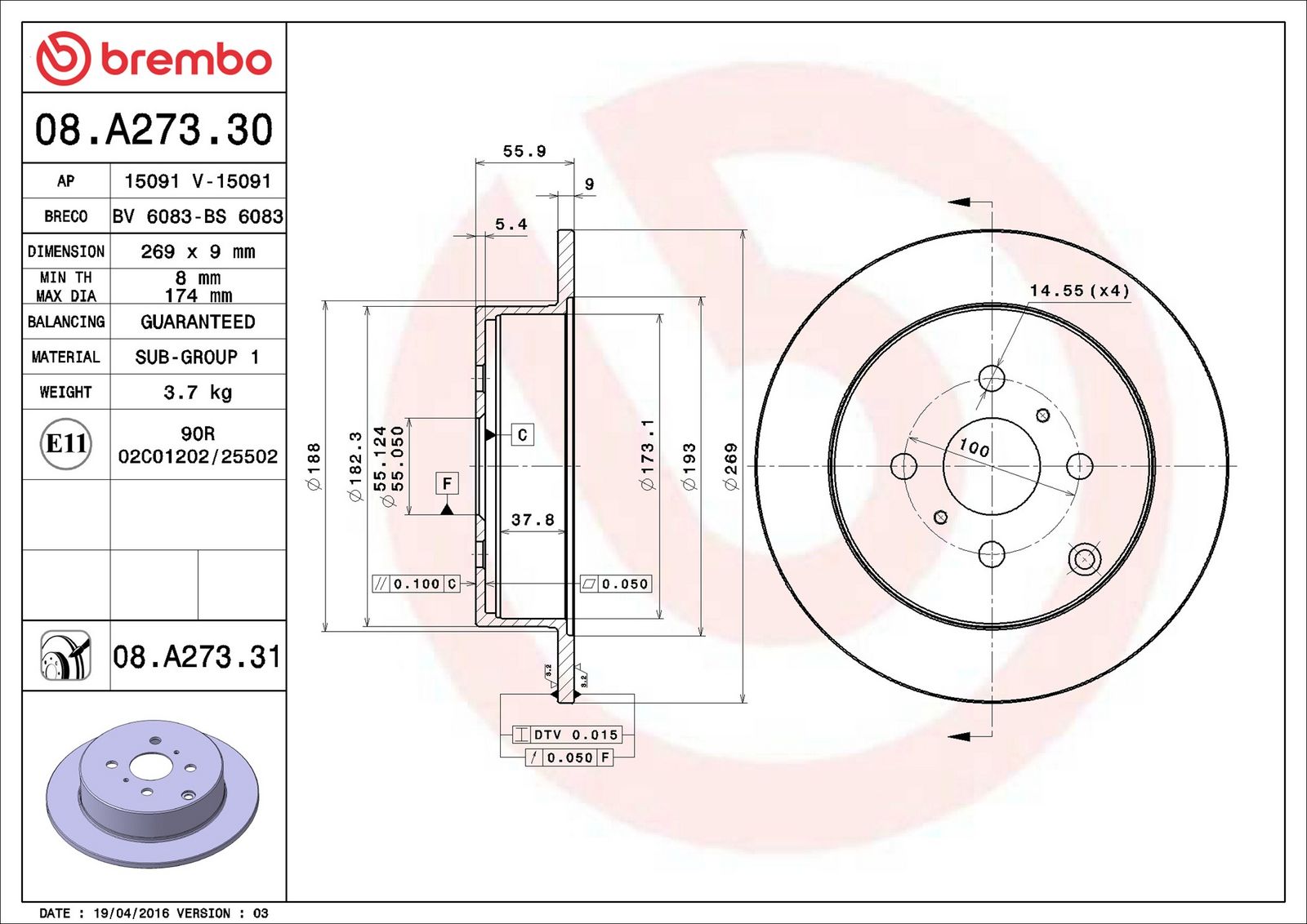 BREMBO 08.A273.31 - Bremsscheibe