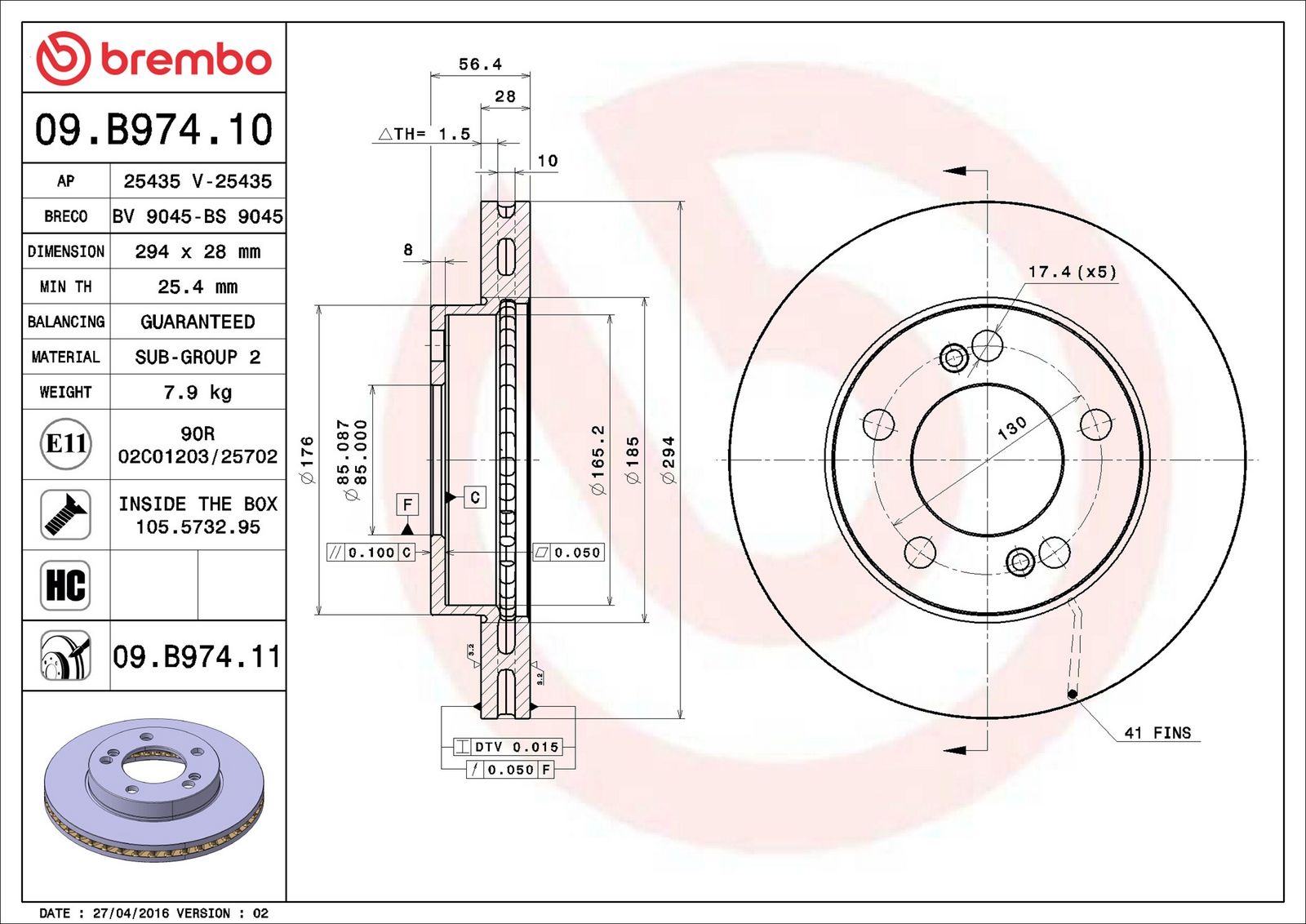 BREMBO 09.B974.11 - Bremsscheibe