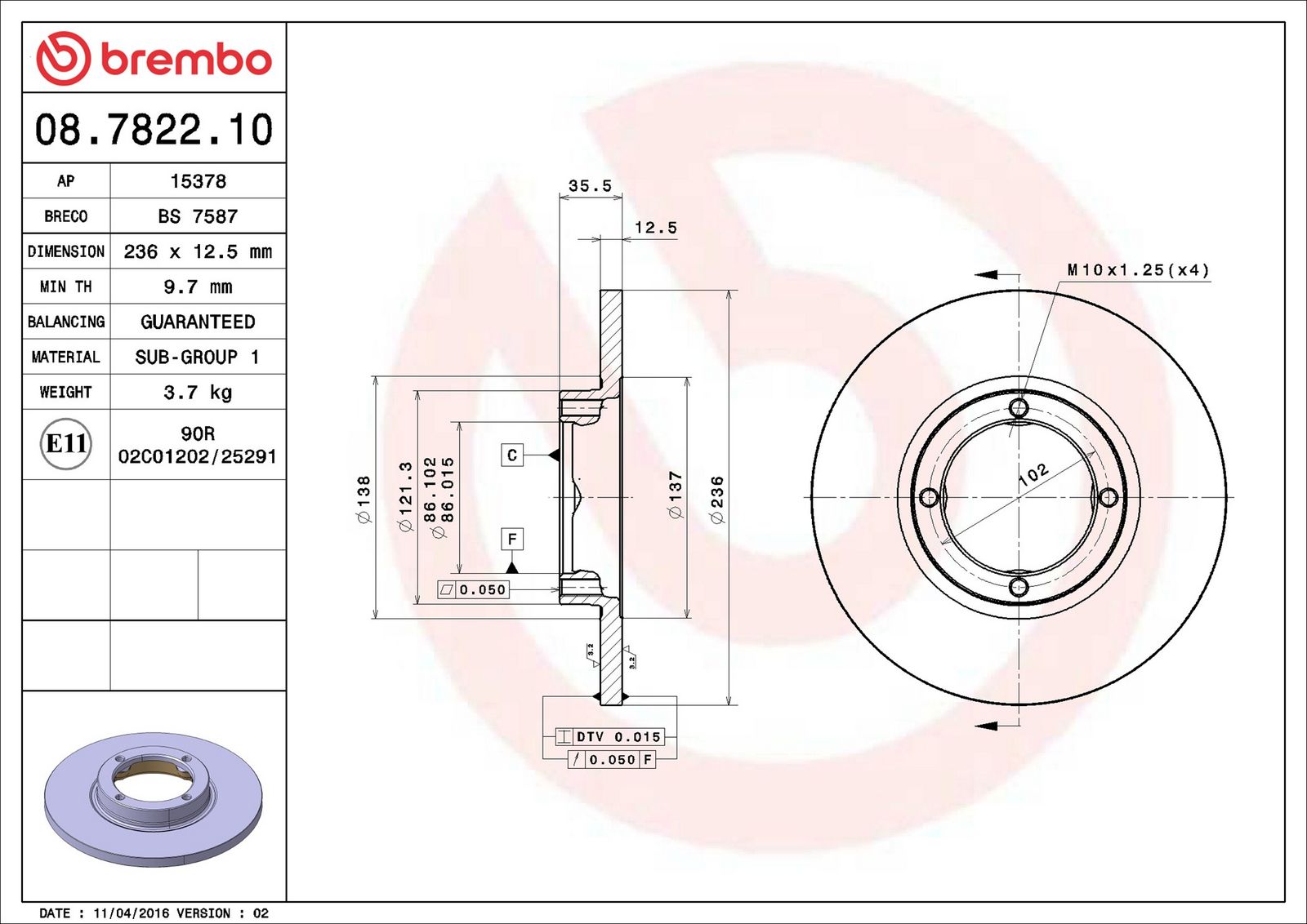 BREMBO 08.7822.10 - Bremsscheibe
