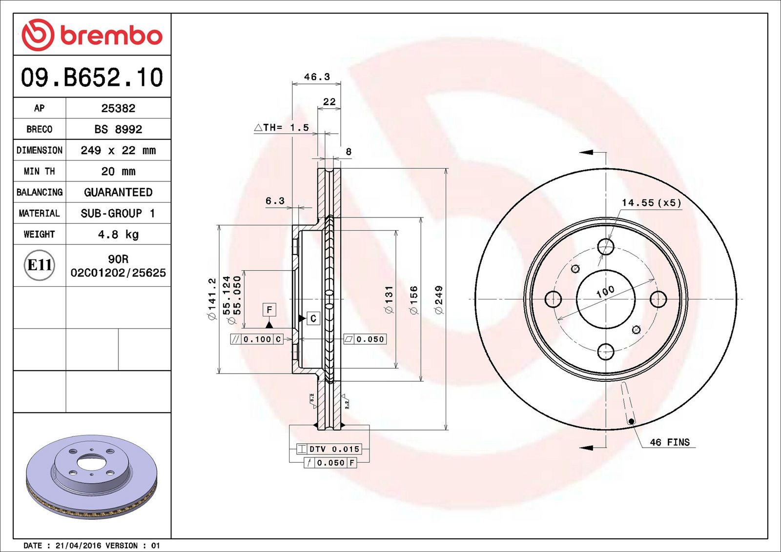 BREMBO 09.B652.10 - Bremsscheibe