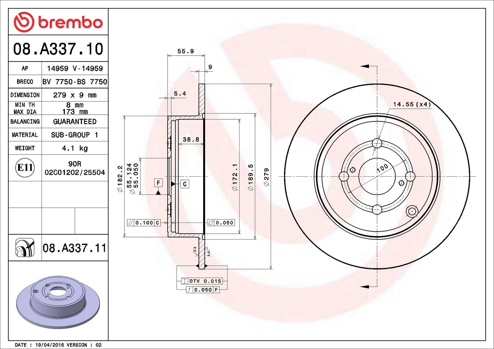 BREMBO 08.A337.11 - Bremsscheibe