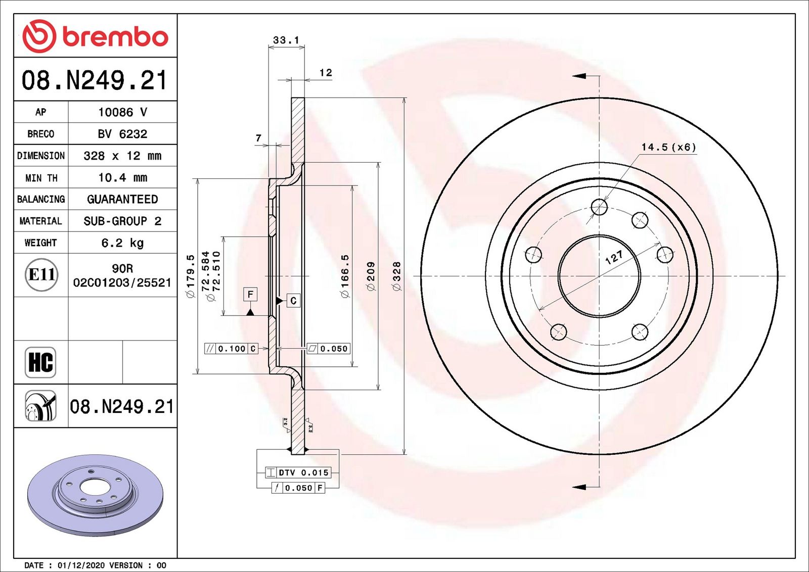 BREMBO 08.N249.21 - Bremsscheibe