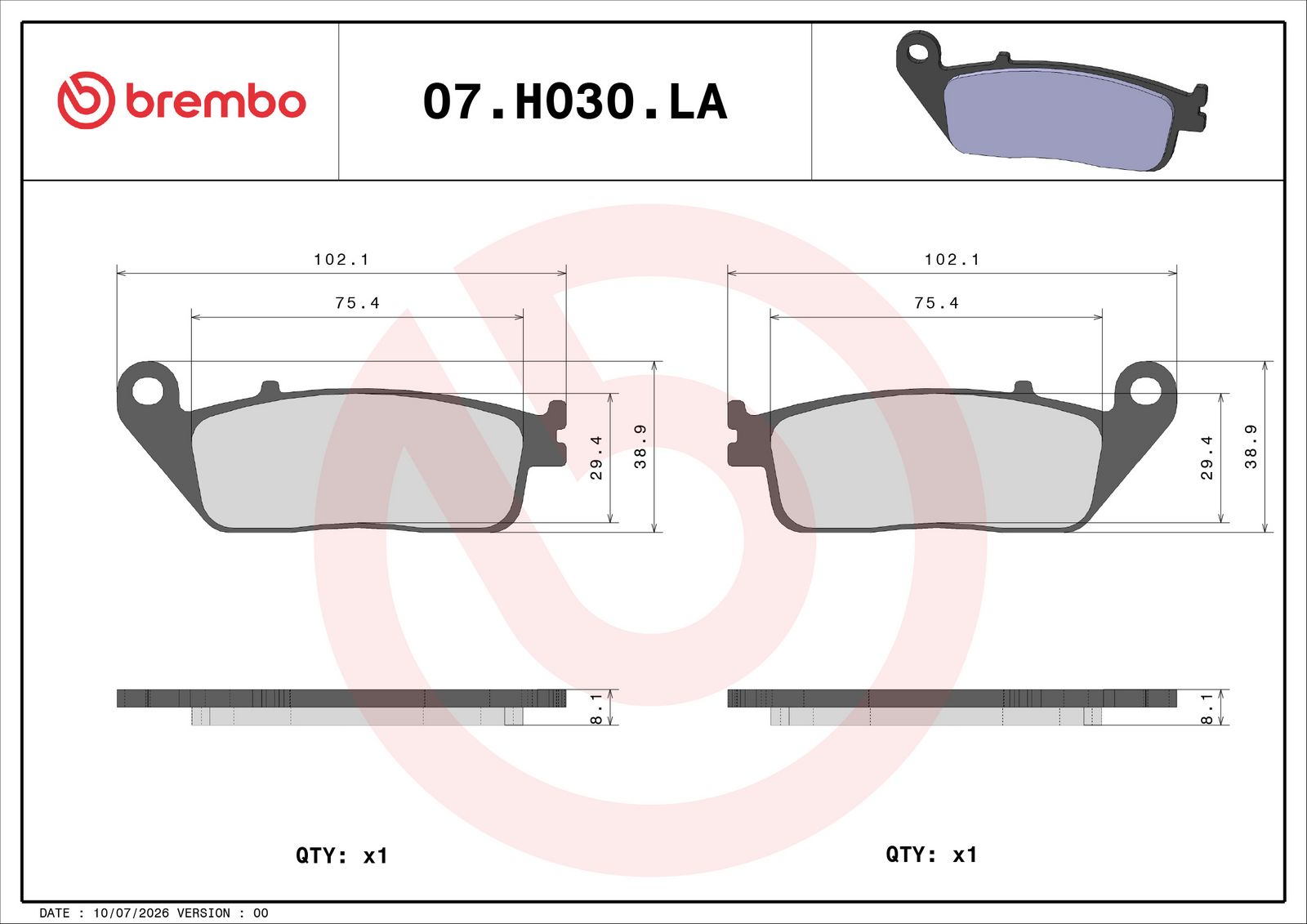 BREMBO 07HO30LA - Bremsbelagsatz, Scheibenbremse