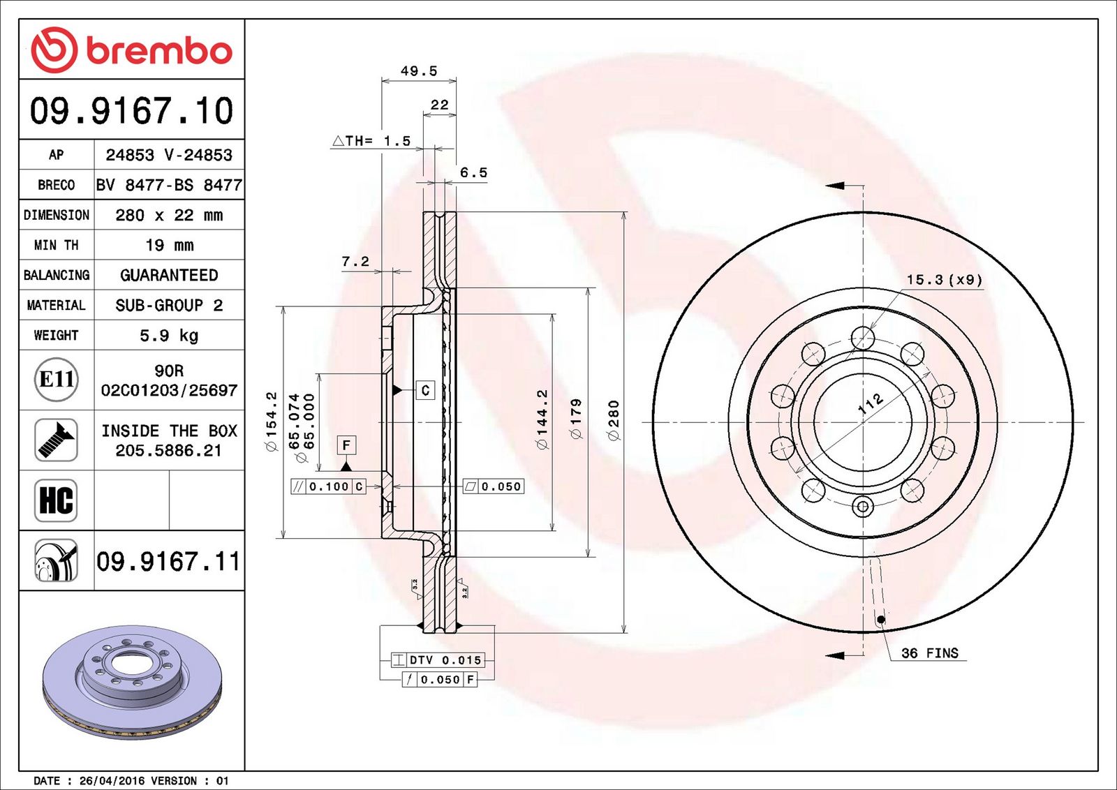 BREMBO 09.9167.11 - Bremsscheibe