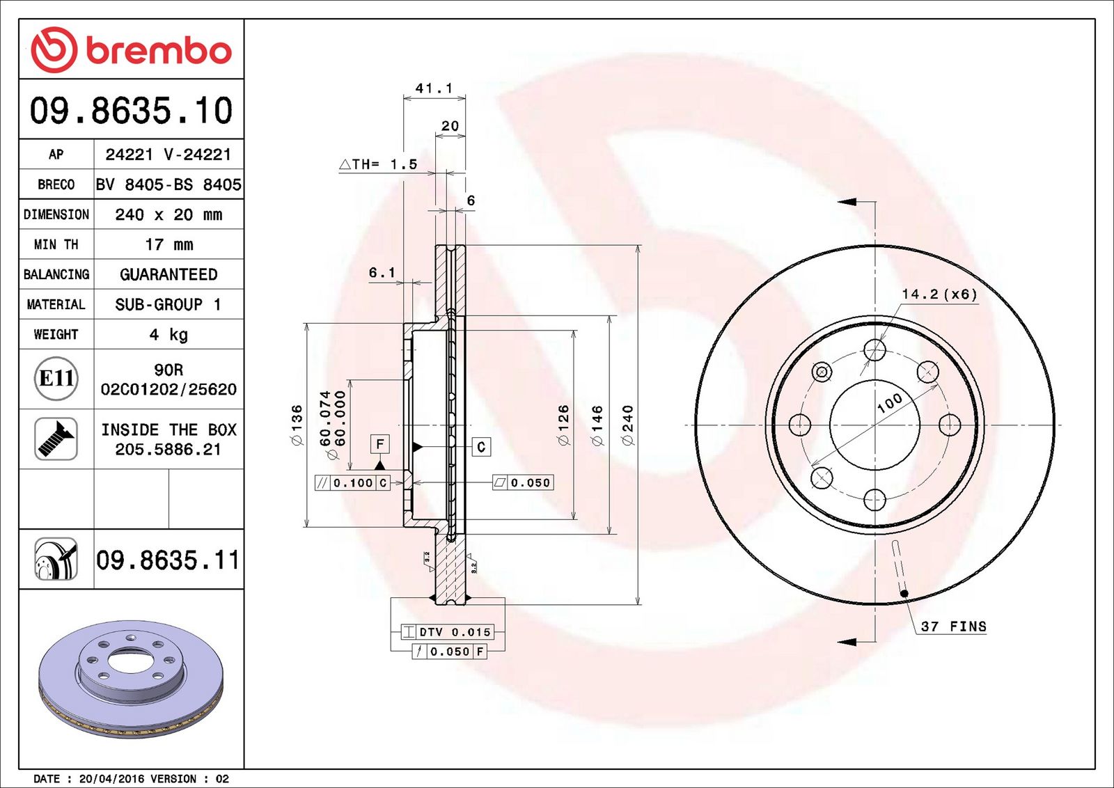 BREMBO 09.8635.11 - Bremsscheibe