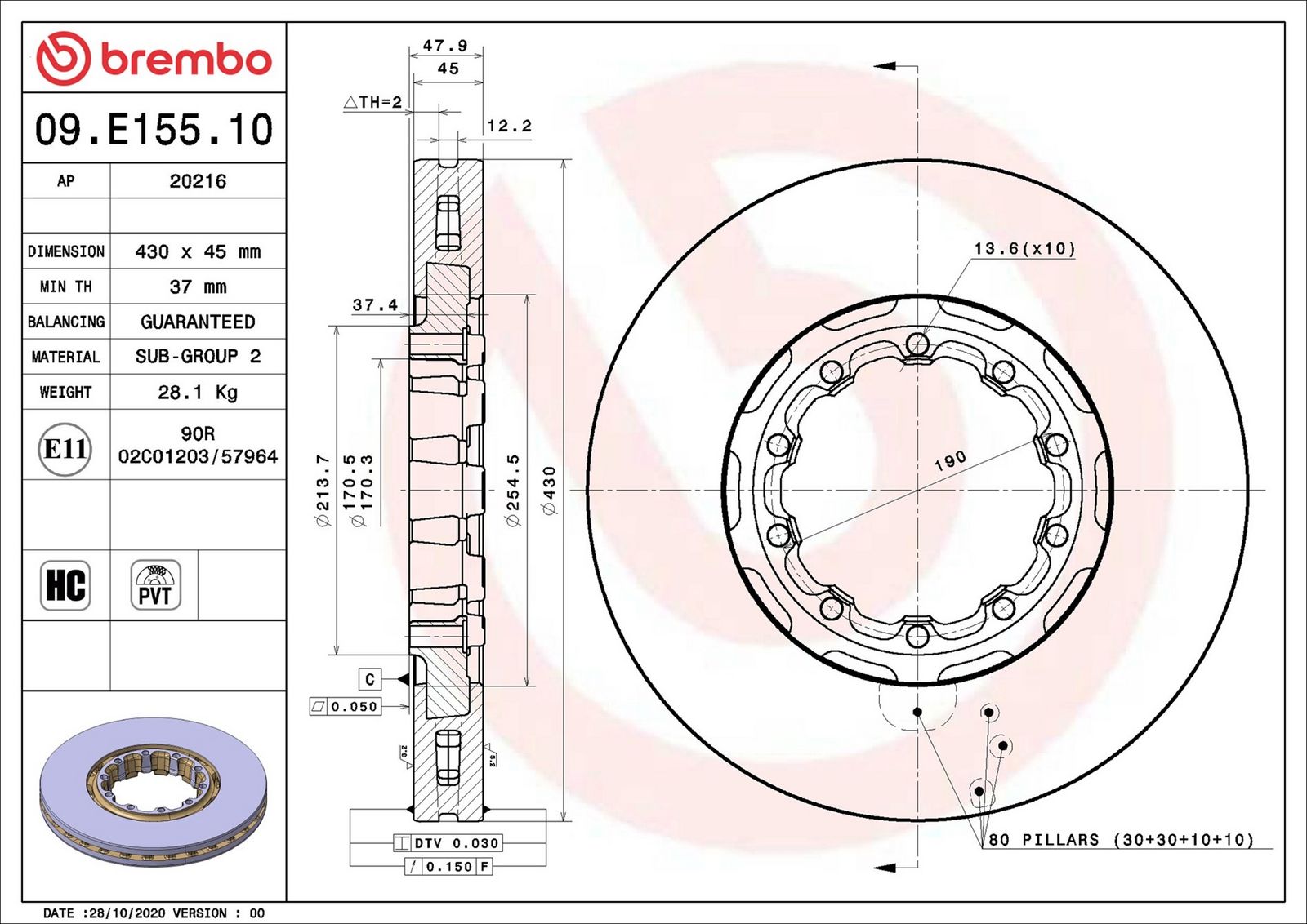 BREMBO 09.E155.10 - Bremsscheibe