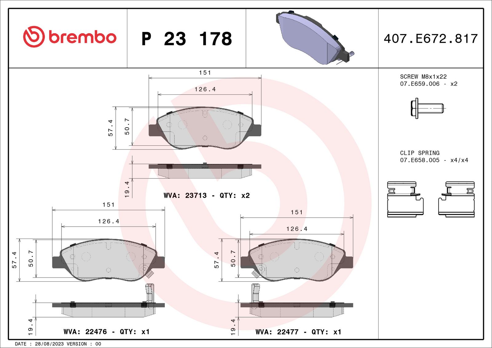 BREMBO P 23 178 - Bremsbelagsatz, Scheibenbremse