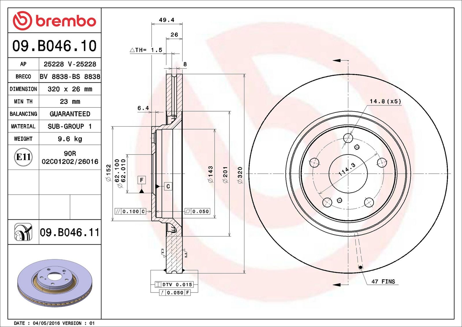 BREMBO 09.B046.11 - Bremsscheibe
