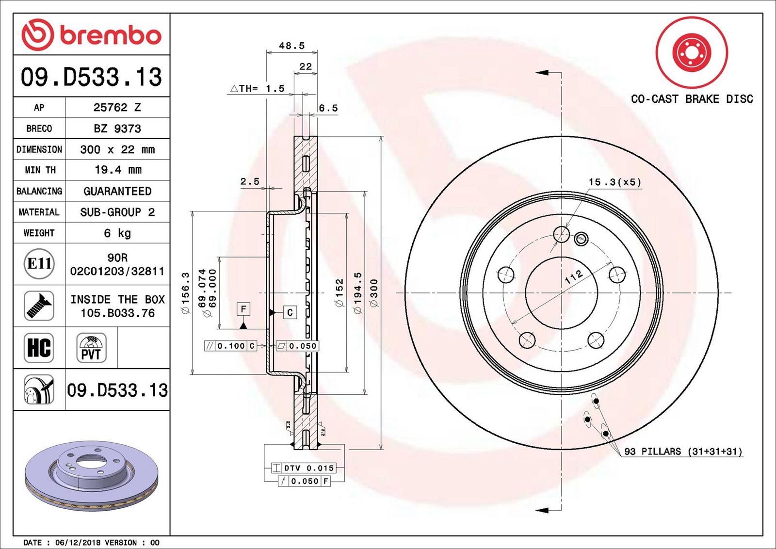 BREMBO 09.D533.13 - Bremsscheibe