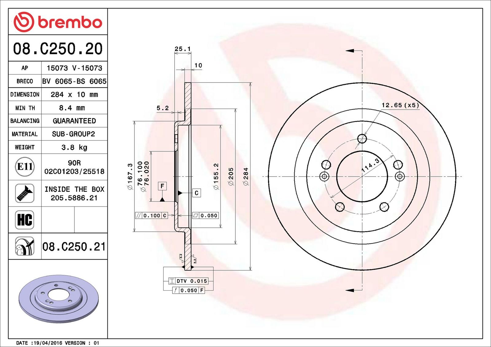 BREMBO 08.C250.21 - Bremsscheibe