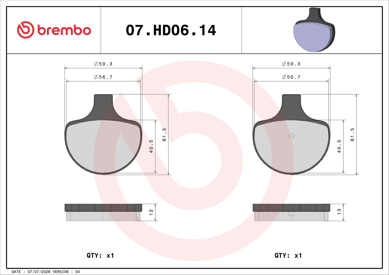 BREMBO 07HD0614 - Bremsbelagsatz, Scheibenbremse