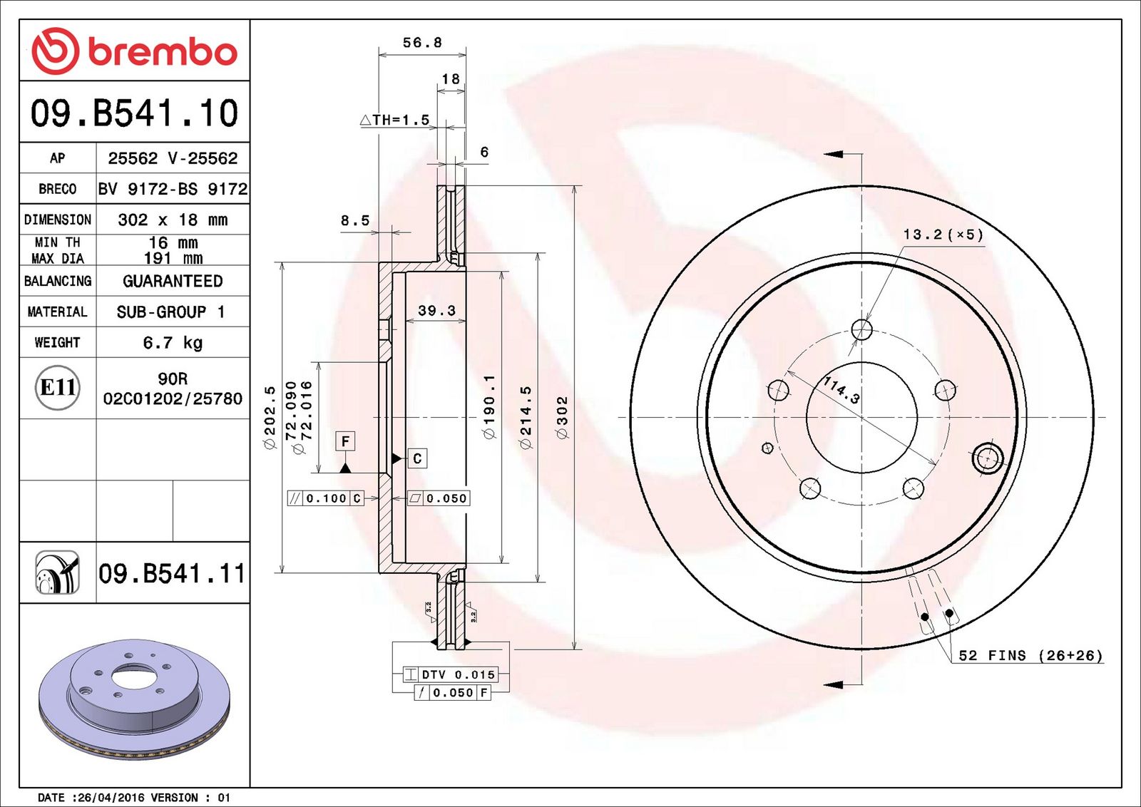BREMBO 09.B541.11 - Bremsscheibe