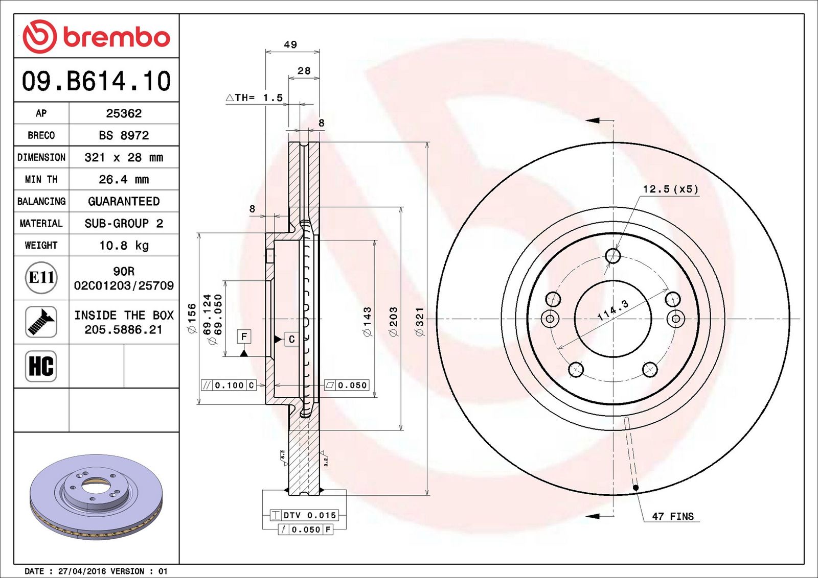 BREMBO 09.B614.10 - Bremsscheibe