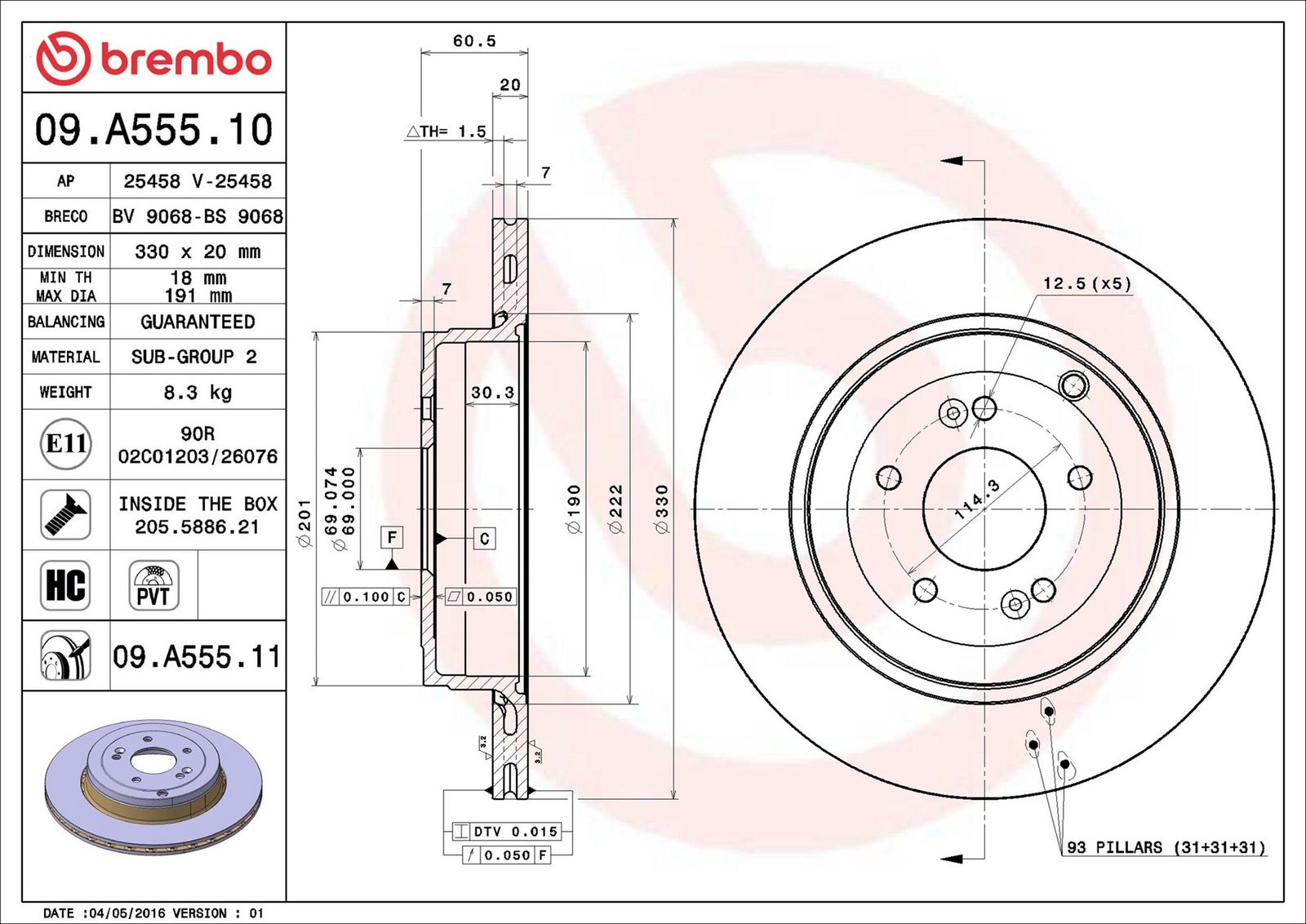 BREMBO 09.A555.11 - Bremsscheibe