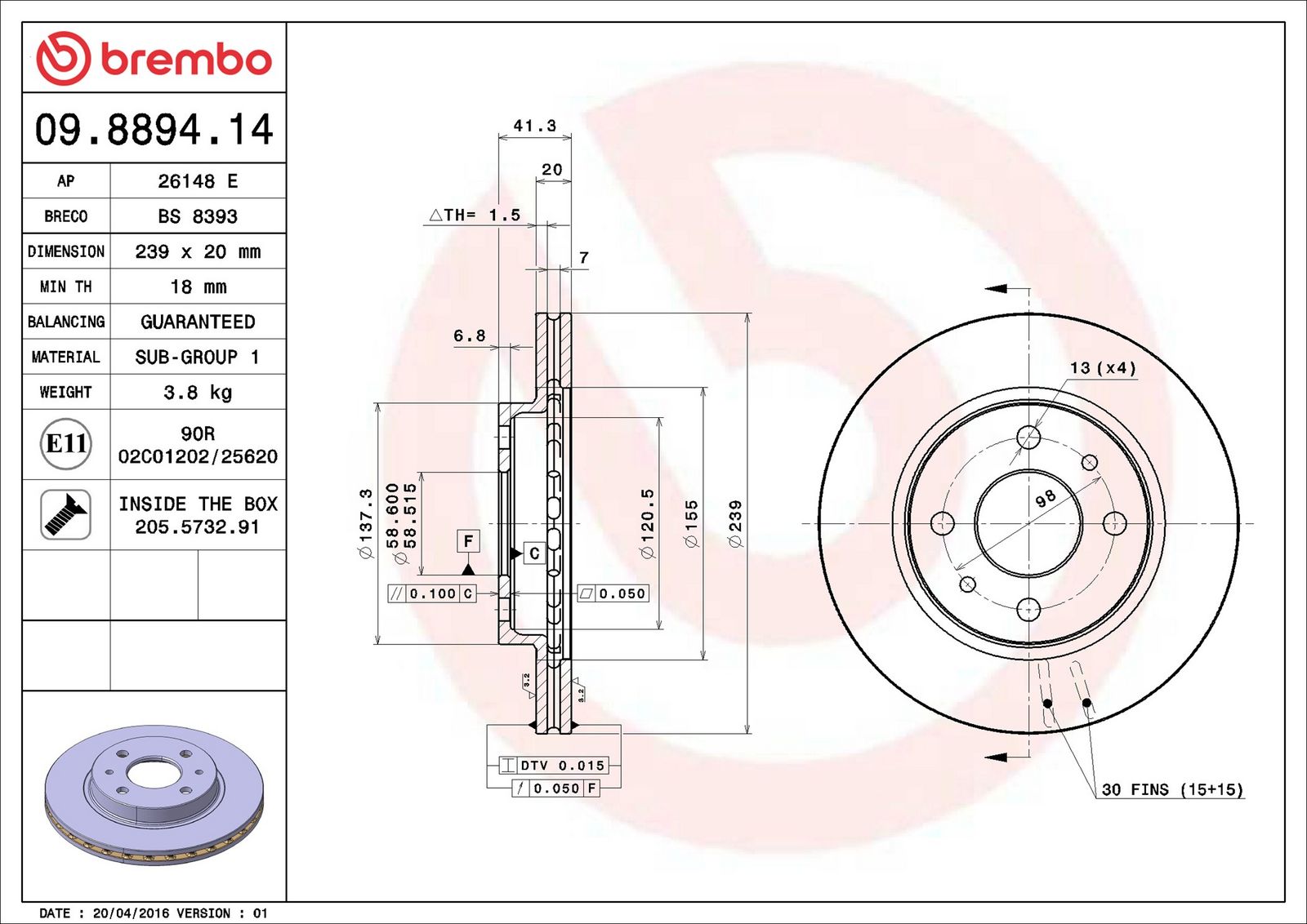 BREMBO 09.8894.14 - Bremsscheibe