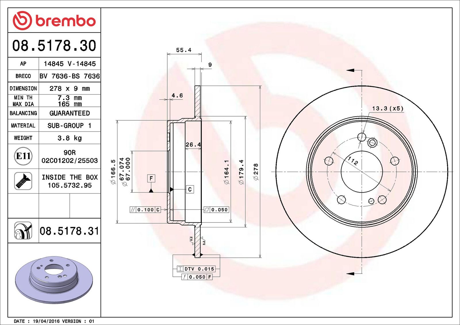 BREMBO 08.5178.31 - Bremsscheibe