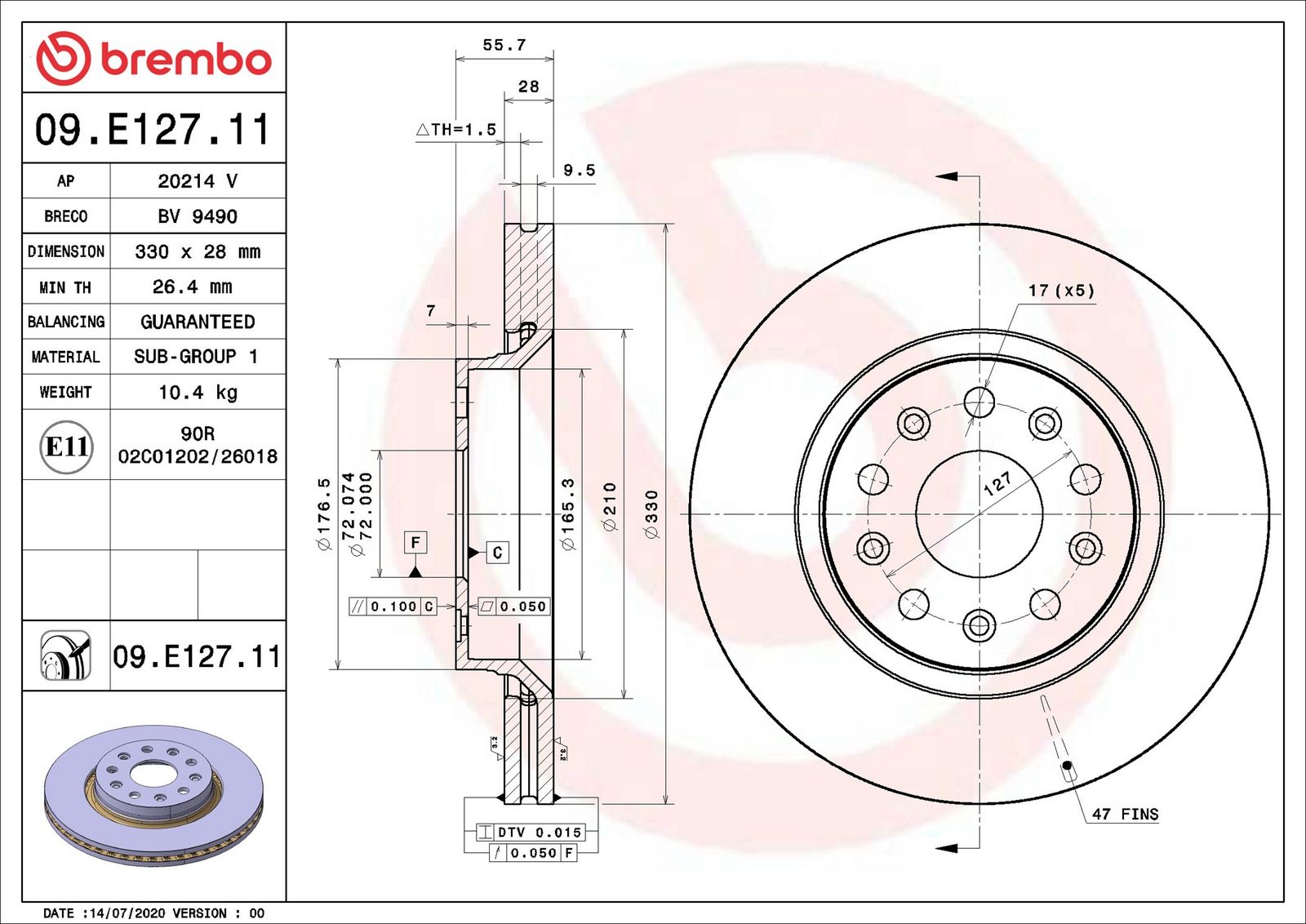 BREMBO 09.E127.11 - Bremsscheibe