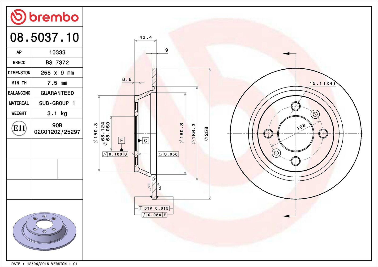 BREMBO 08.5037.10 - Bremsscheibe