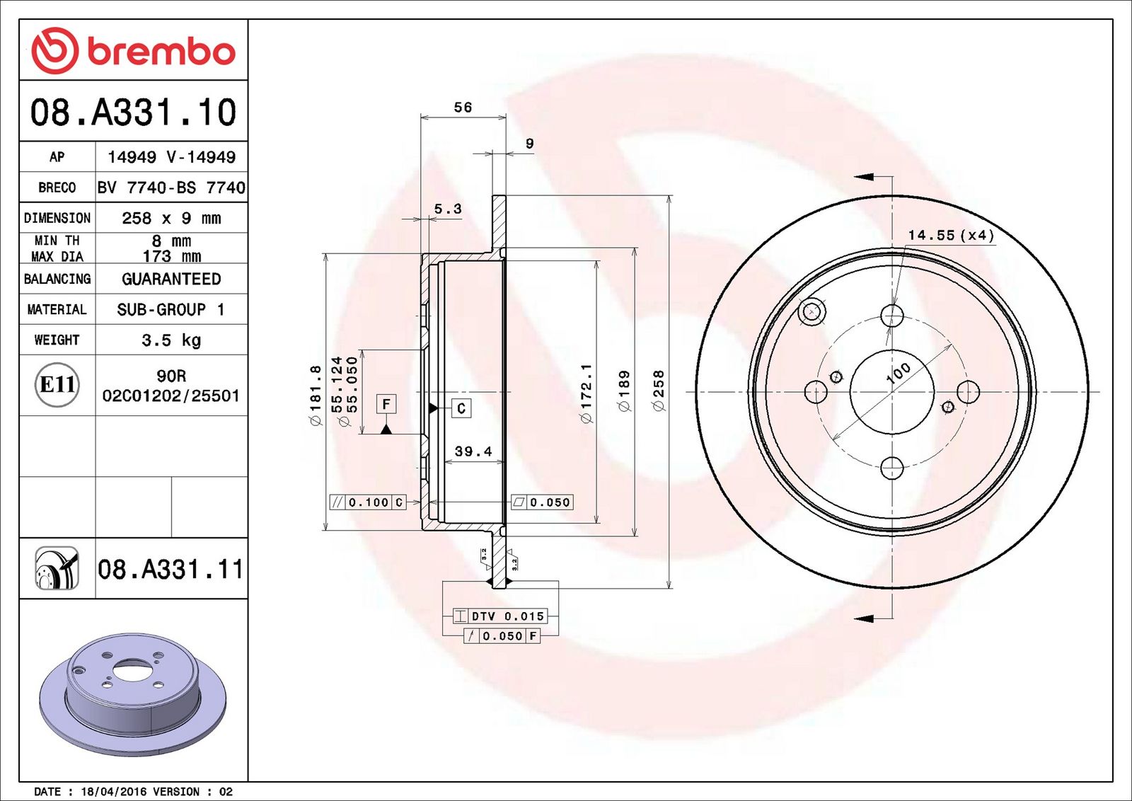 BREMBO 08.A331.11 - Bremsscheibe