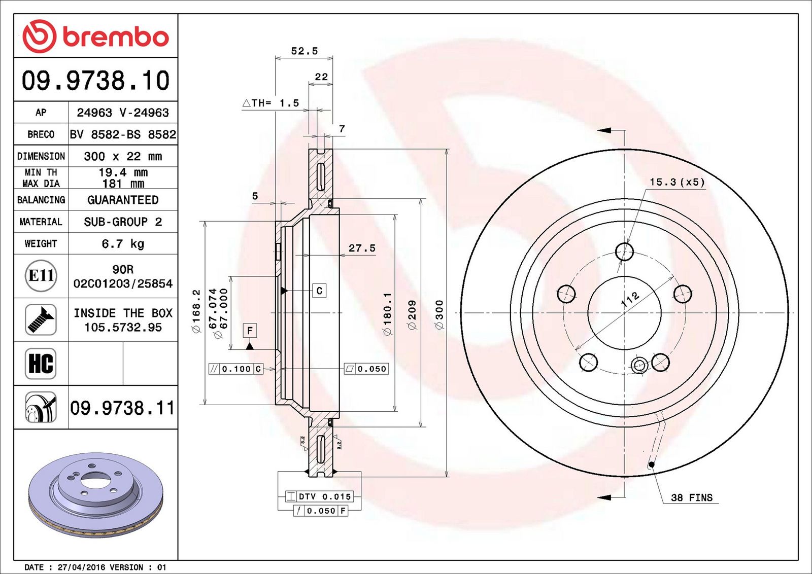 BREMBO 09.9738.11 - Bremsscheibe