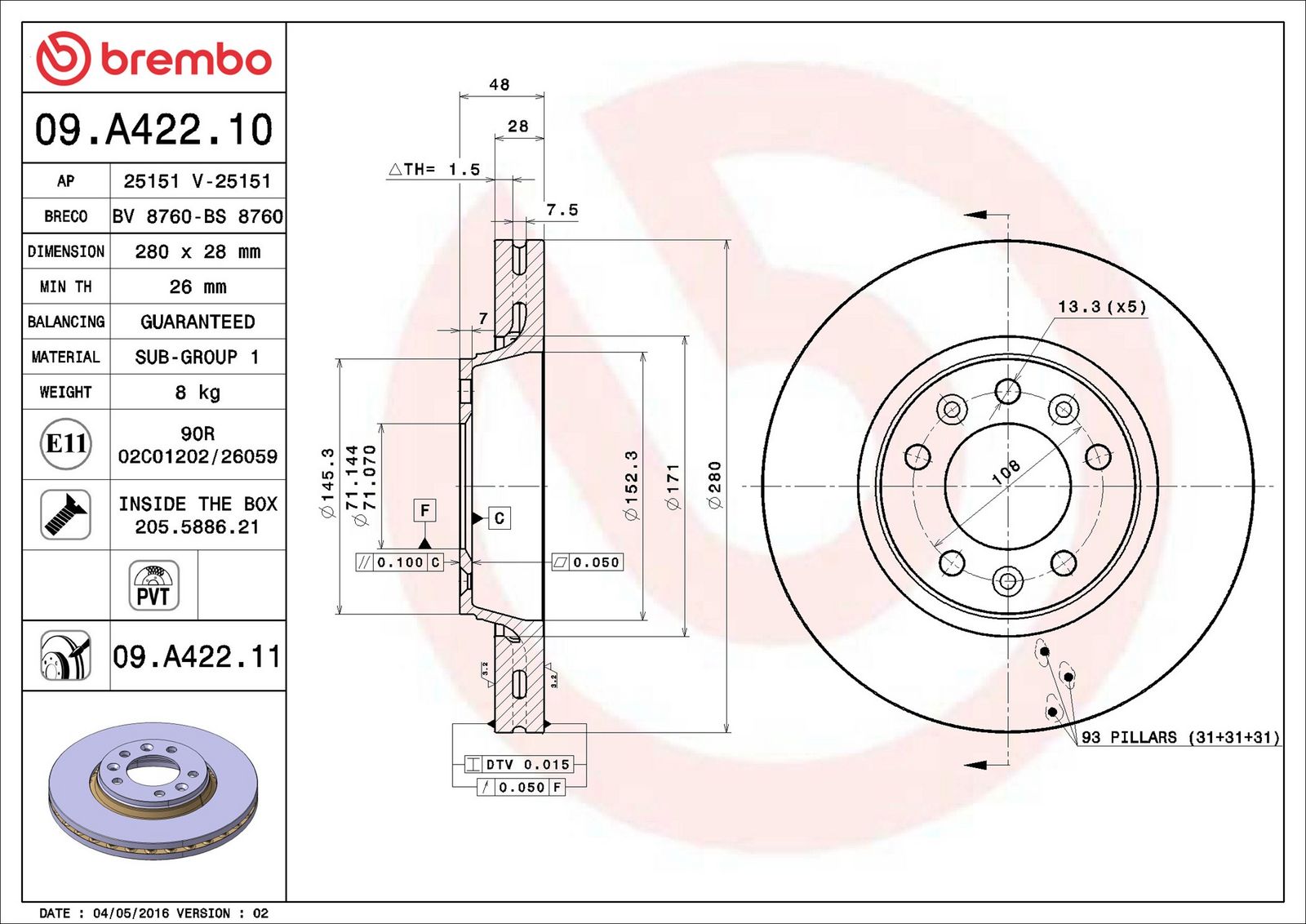 BREMBO 09.A422.11 - Bremsscheibe