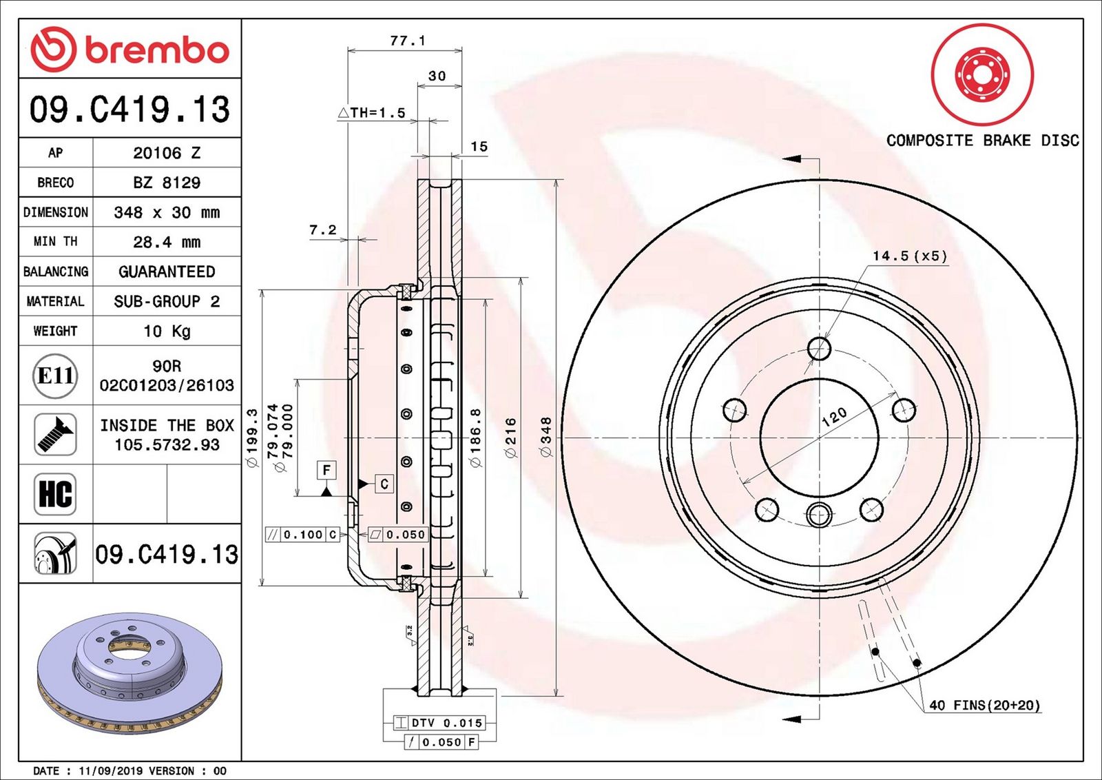 BREMBO 09.C419.13 - Bremsscheibe