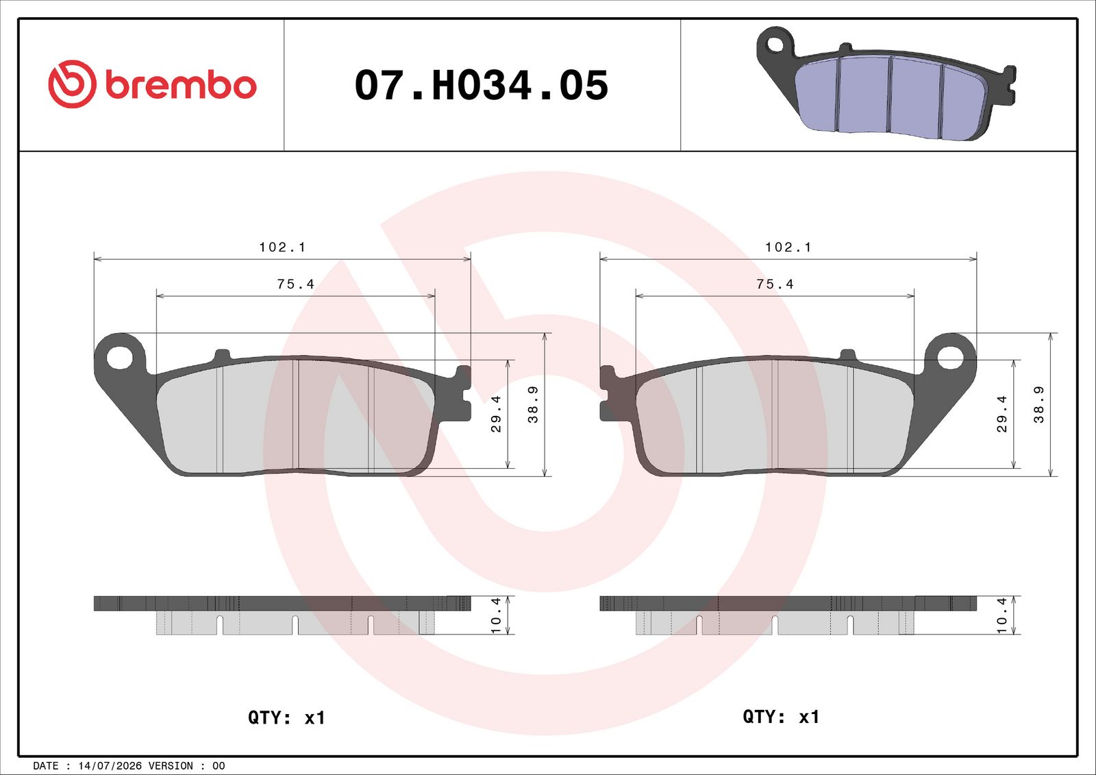 BREMBO 07HO3405 - Bremsbelagsatz, Scheibenbremse