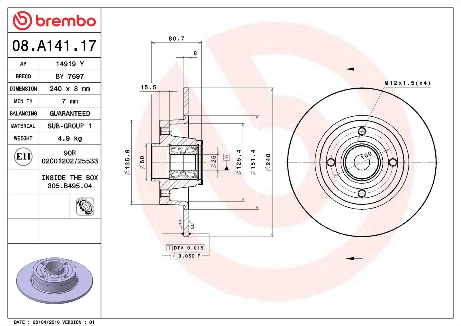 BREMBO 08.A141.17 - Bremsscheibe
