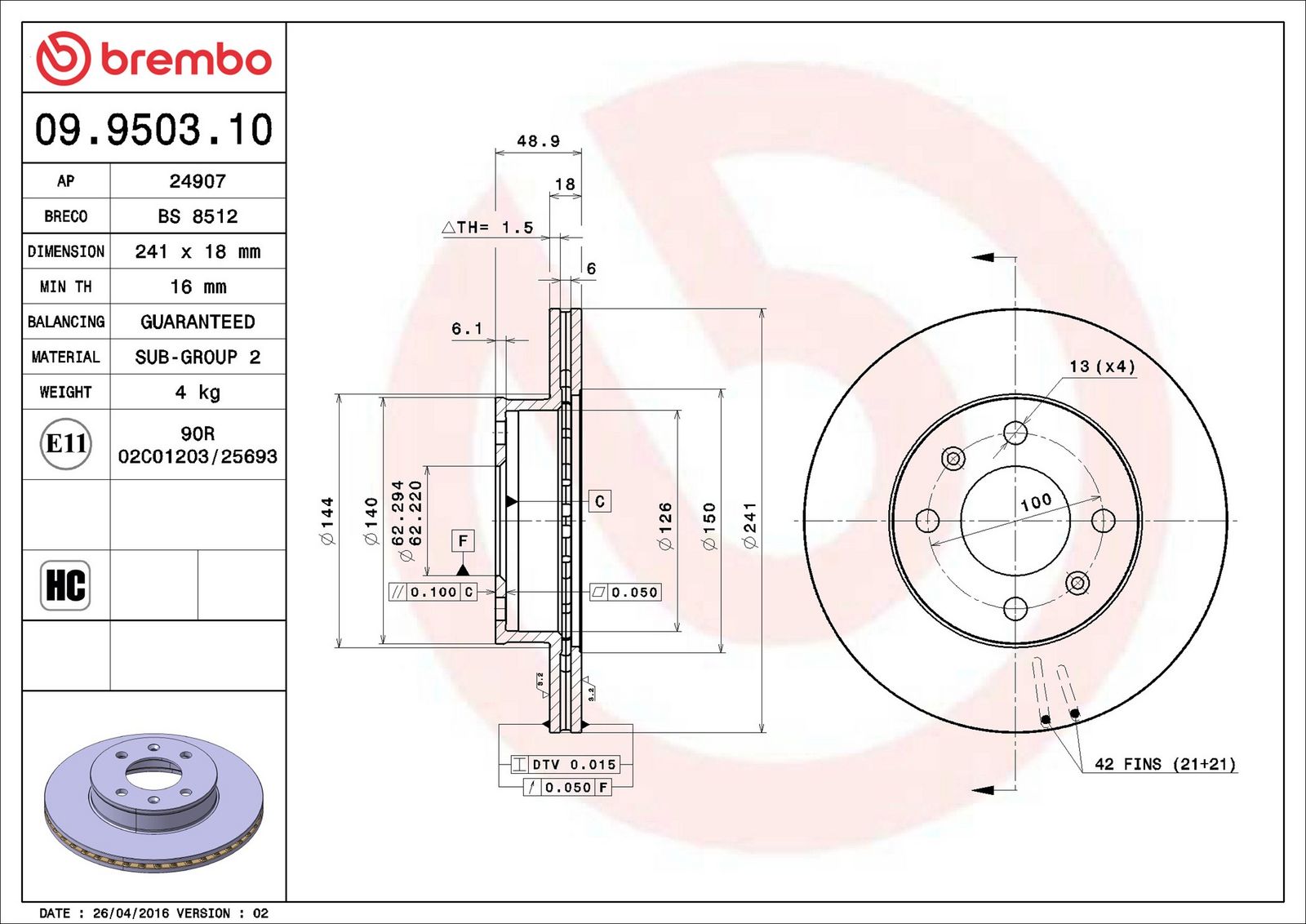 BREMBO 09.9503.10 - Bremsscheibe