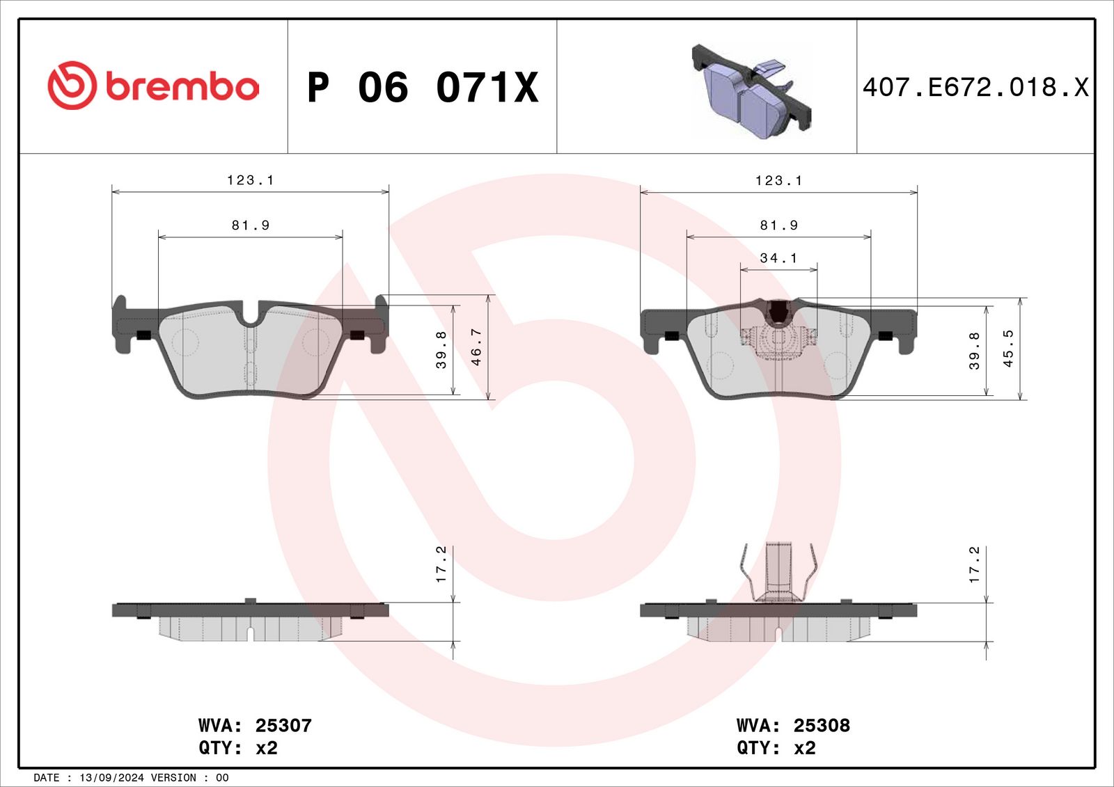 BREMBO P 06 071X - Bremsbelagsatz, Scheibenbremse
