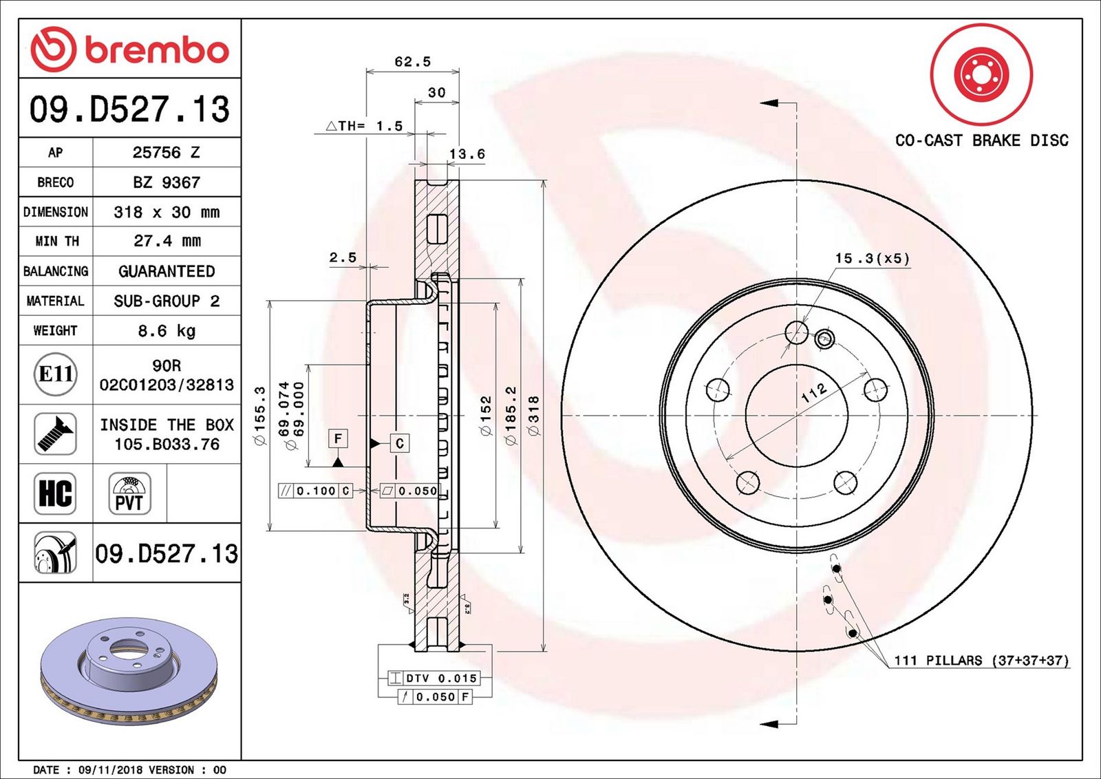 BREMBO 09.D527.13 - Bremsscheibe