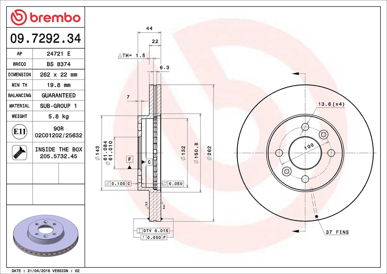BREMBO 09.7292.34 - Bremsscheibe