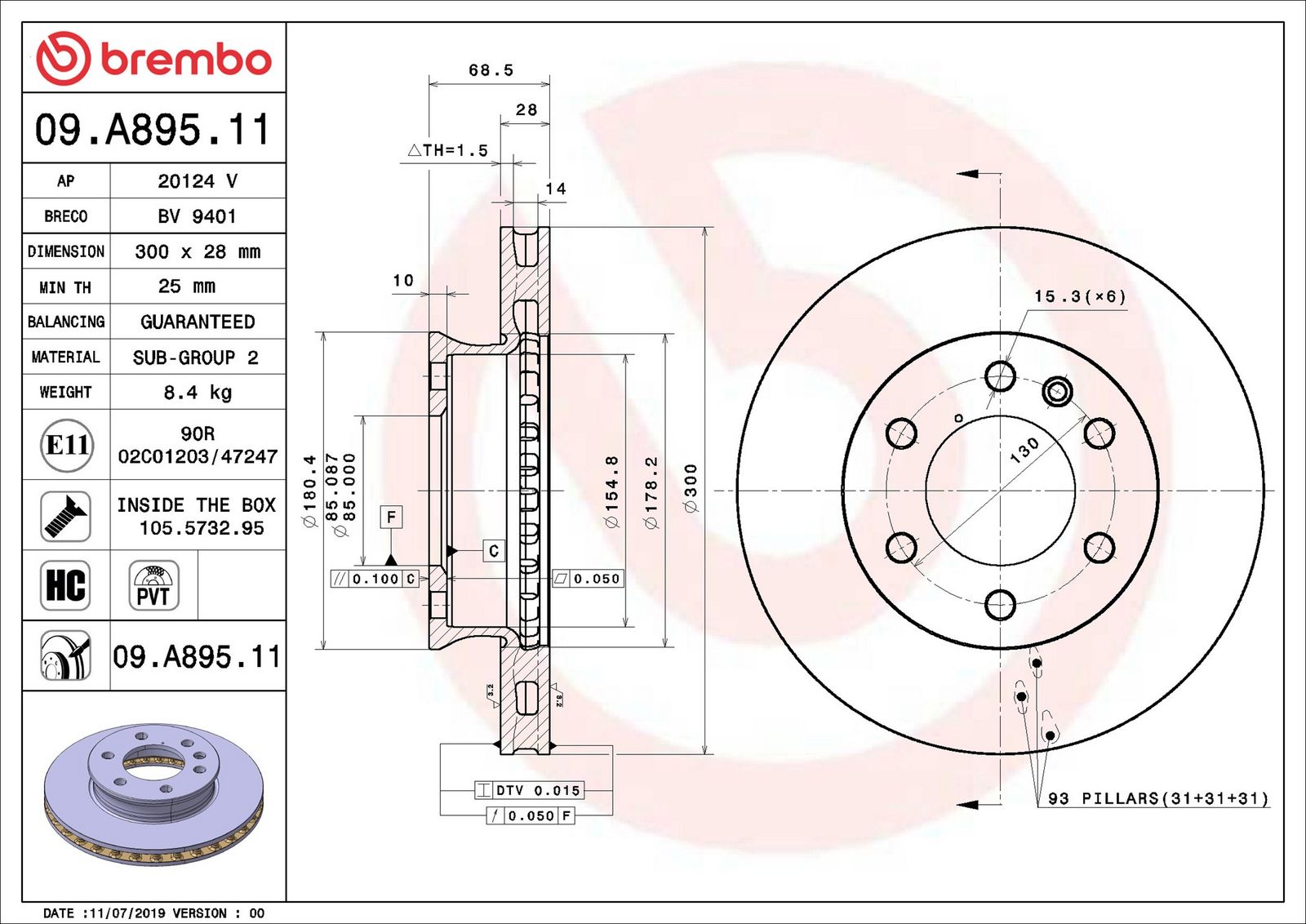 BREMBO 09.A895.11 - Bremsscheibe