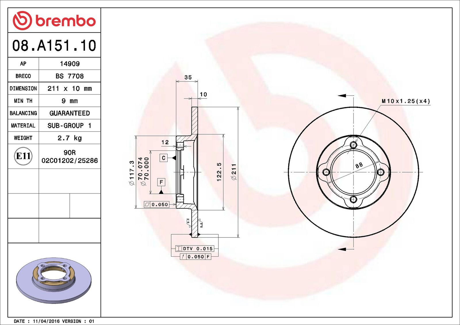 BREMBO 08.A151.10 - Bremsscheibe