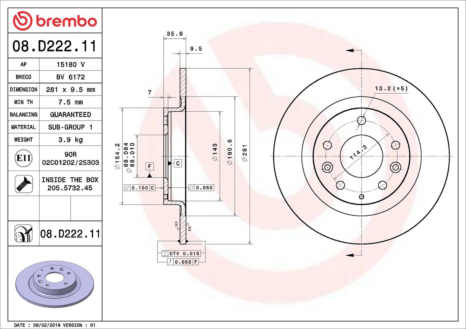 BREMBO 08.D222.11 - Bremsscheibe