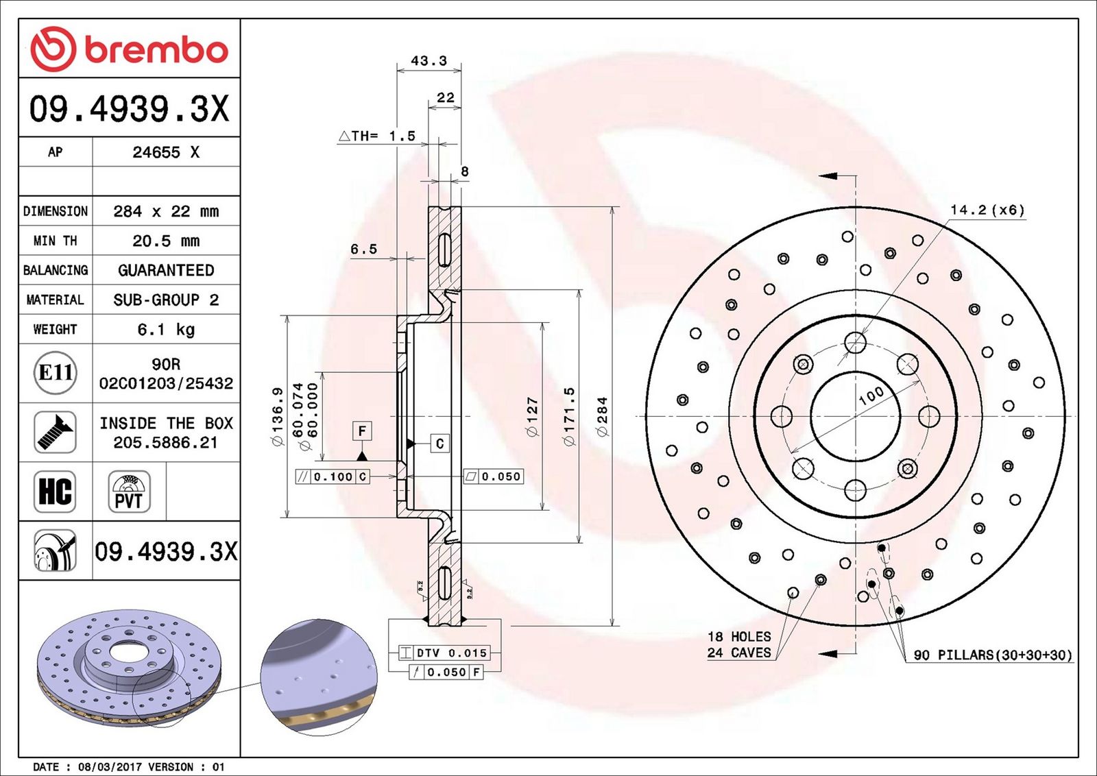 BREMBO 09.4939.3X - Bremsscheibe