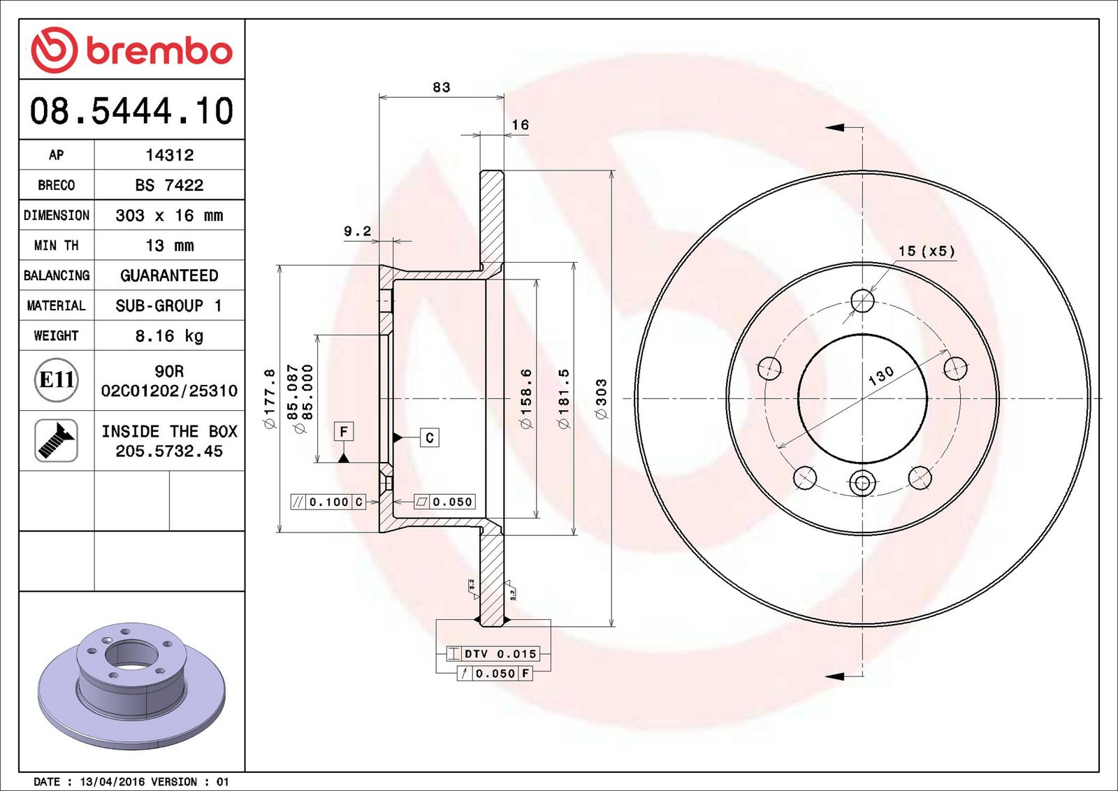 BREMBO 08.5444.10 - Bremsscheibe