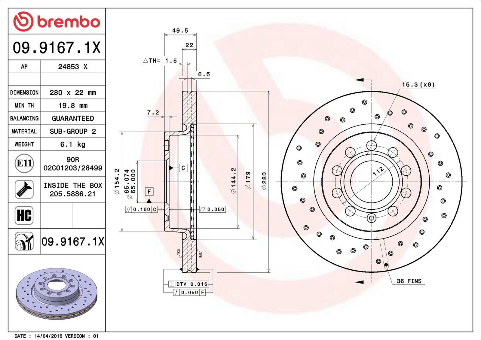 BREMBO 09.9167.1X - Bremsscheibe