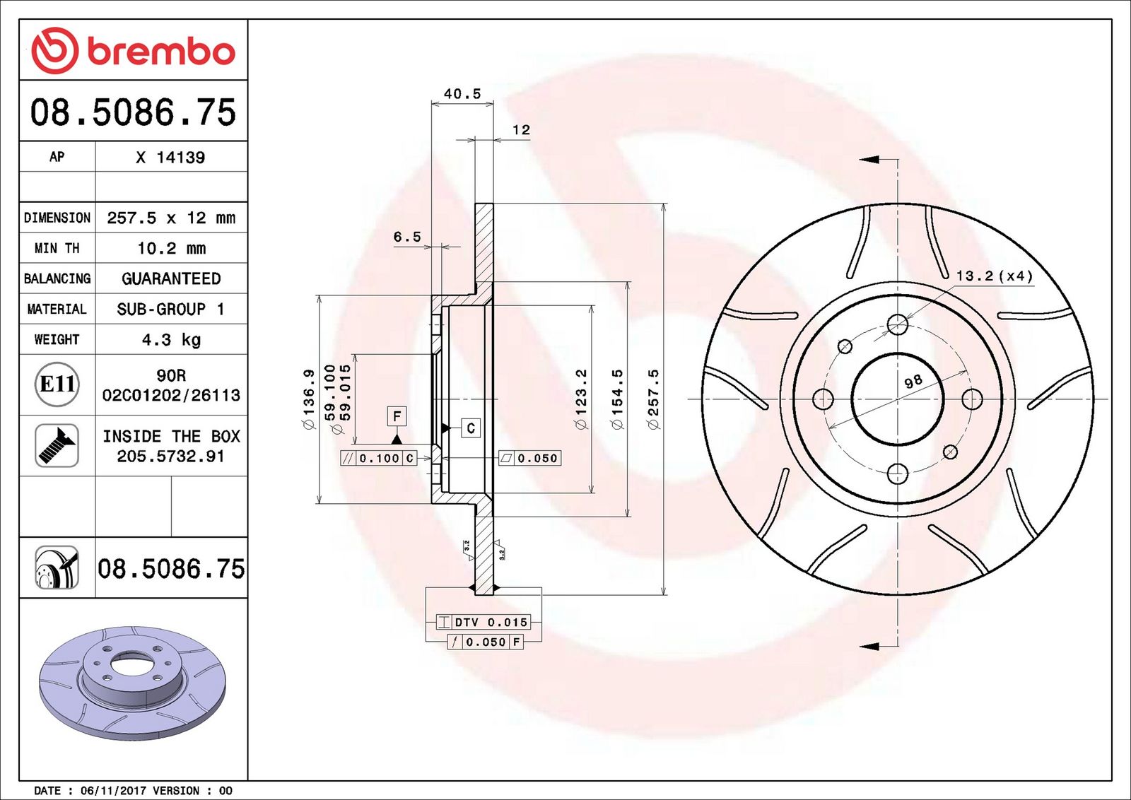 BREMBO 08.5086.75 - Bremsscheibe