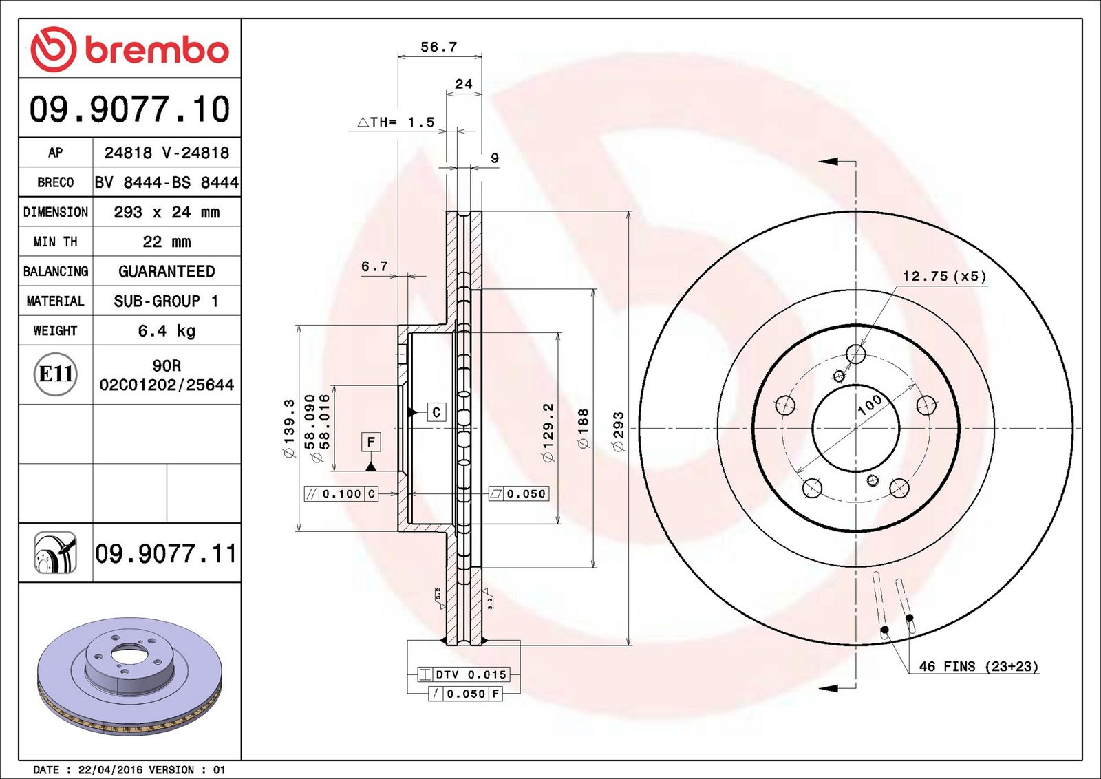 BREMBO 09.9077.11 - Bremsscheibe