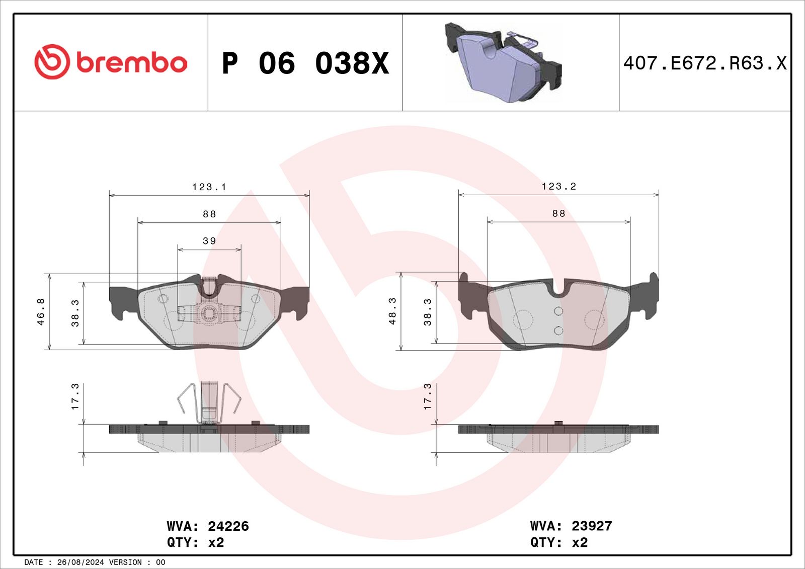BREMBO P 06 038X - Bremsbelagsatz, Scheibenbremse
