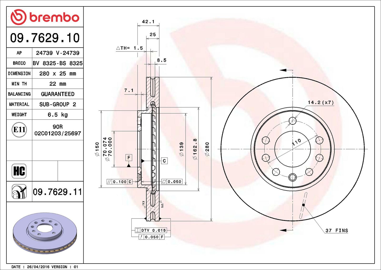 BREMBO 09.7629.11 - Bremsscheibe