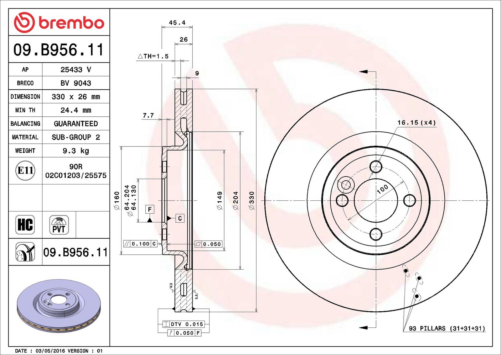 BREMBO 09.B956.11 - Bremsscheibe